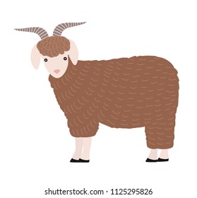 Adorable goat isolated on white background. Cute lovely cartoon domestic barnyard animal with horns, country farm livestock. Colored childish hand drawn vector illustration in simple trendy style.