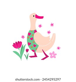 Adorable goose with flowers isolated on white background. Hand drawn vector illustration in trendy style.  Perfect for t shirt print, kids wear fashion design, greeting or invitation card.