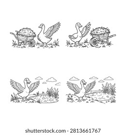 Adorable goose illustrations for coloring book. Farm scene with wheelbarrow full of hay. Bird swimming in pond with cattails. Outdoor nature background with clouds and grass for children.