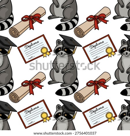 Adorable graduation raccoon vector pattern with diplomas and scrolls