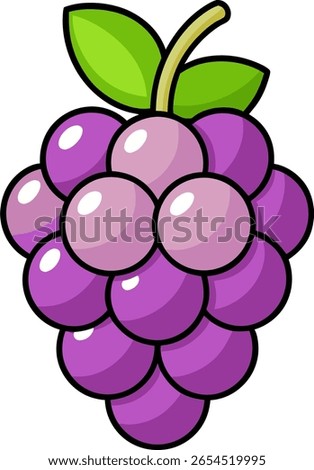 Adorable grapes vector illustration with happy face and green stem in flat cartoon fruit collection style
