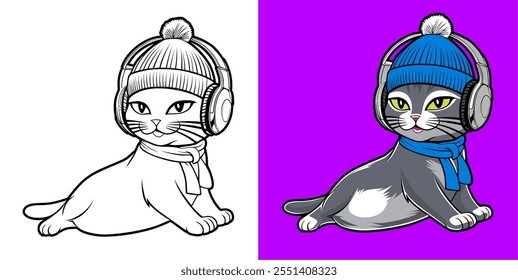 Adorable ilustración gráfica de un gato gris con un sombrero de invierno azul y auriculares. Perfecto para los amantes de la música y los entusiastas de los gatos. La Imagen captura un sentimiento alegre y acogedor.