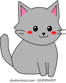 Adorable Gray Cartoon Cat with Blush Cheeks – Cute Vector Kitty Illustration for Kids, Stickers, and Education Designs