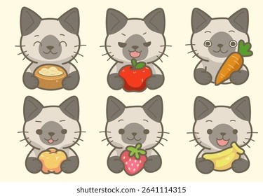 Adorable gray cartoon cat holding various healthy foods . Perfect for educational materials, kids' designs, food-themed stickers, and printable planner elements.