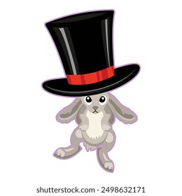 Adorable gray cartoon rabbit wearing a stylish black top hat with a red band