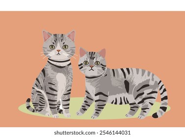 Adorable gray cat vector illustration, featuring a playful feline with big, bright eyes and a fluffy tail. The cat sits gracefully, surrounded by cute paw prints and whimsical details, adding charm 