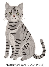 Adorable gray cat vector illustration, featuring a playful feline with big, bright eyes and a fluffy tail. The cat sits gracefully, surrounded by cute paw prints and whimsical details, adding charm 