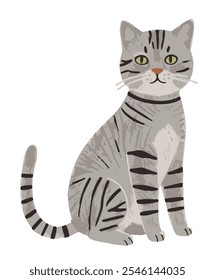 Adorable gray cat vector illustration, featuring a playful feline with big, bright eyes and a fluffy tail. The cat sits gracefully, surrounded by cute paw prints and whimsical details, adding charm 