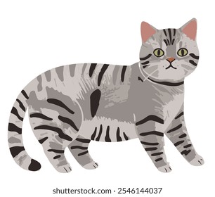 Adorable gray cat vector illustration, featuring a playful feline with big, bright eyes and a fluffy tail. The cat sits gracefully, surrounded by cute paw prints and whimsical details, adding charm 