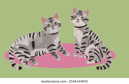 Adorable gray cat vector illustration, featuring a playful feline with big, bright eyes and a fluffy tail. The cat sits gracefully, surrounded by cute paw prints and whimsical details, adding charm 