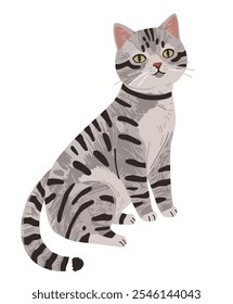 Adorable gray cat vector illustration, featuring a playful feline with big, bright eyes and a fluffy tail. The cat sits gracefully, surrounded by cute paw prints and whimsical details, adding charm 