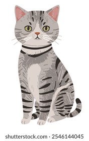 Adorable gray cat vector illustration, featuring a playful feline with big, bright eyes and a fluffy tail. The cat sits gracefully, surrounded by cute paw prints and whimsical details, adding charm 