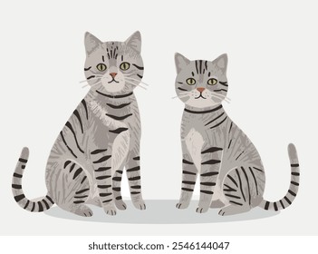 Adorable gray cat vector illustration, featuring a playful feline with big, bright eyes and a fluffy tail. The cat sits gracefully, surrounded by cute paw prints and whimsical details, adding charm 