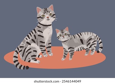 Adorable gray cat vector illustration, featuring a playful feline with big, bright eyes and a fluffy tail. The cat sits gracefully, surrounded by cute paw prints and whimsical details, adding charm 