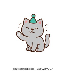 Adorable gray cat waving paw and wearing party hat, fun cartoon vector for birthday or celebration themes