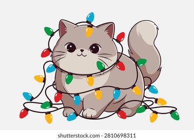 Adorable gray kitten is playfully tangled in colorful glowing Christmas lights against a clean white background for holiday greeting cards.