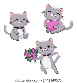 Adorable gray kittens, heart, a rose 
bouquet. Elements for use on greetings cards, posters, wishes, tags and more.