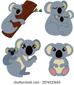 Adorable gray koala in various poses. One sleeping on tree a couple of koalas hugging mother koala with baby and cute sitting koala. Image isolated on white background. Vector illustration. Design
