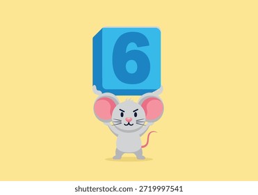 adorable gray mouse holding a blue number six block in playful cartoon style