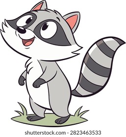 Adorable gray raccoon character standing on small grass patch, cheerful woodland forest animal mascot, children coloring book style, hand-drawn vector art illustration.