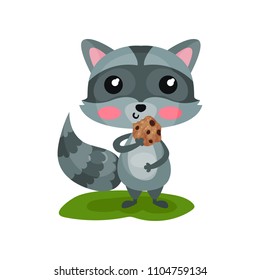 Adorable gray raccoon eating tasty cookie and stroking his belly. Icon of forest animal. Design for sticker or children book