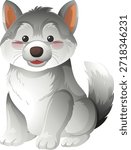 Adorable gray wolf pup illustration with soft shading, rounded shapes, and cheerful facial expression