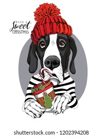 Adorable Great Dane dog in a red knitted hat and with a cup of coffee. Have a sweet christmas - lettering quote. New Year card, t-shirt composition, handmade vector illustration.