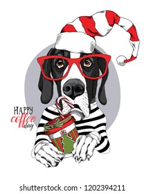 Adorable Great Dane dog in a red Santa's hat, glasses and with a plastic cup. Happy coffee day - lettering quote. New Year and Christmas card, t-shirt composition, handmade vector illustration.