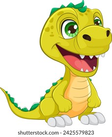 Adorable green baby dinosaur smiling happily.