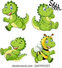 Adorable green baby dinosaur in various playful poses with vibrant colors and cartoon style. Perfect for children's media and educational materials