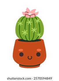 Adorable green cactus with a pink flower in a smiling brown pot, depicted on a white background. Concept of cute plant design. Vector illustration