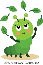 Adorable Green Caterpillar Playing with Leaves