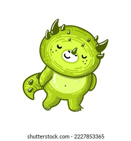 Adorable green character in carton style. Cute little dragon is dreaming about mythical world woth different creatures