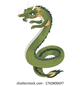 Adorable green Chinese dragon in flat design, mythological creature isolated on white background