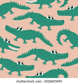 Adorable green crocodiles with big eyes. African animal on a pink background. Funny cute alligators hand drawn vector illustration. Baby seamless pattern.