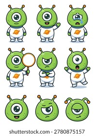Adorable green cyclops alien character in a white spacesuit displaying different emotions and poses, including happy, sad, angry, and curious, in cartoon style