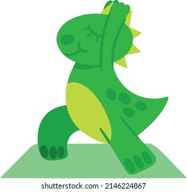 Adorable green dinosaur doing yoga on mat. Vector illustration isolated on white background. Yoga asanas. Design element.