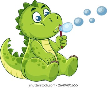 Adorable green dinosaur sitting and blowing bubbles. Bright colors and playful style create a cheerful, whimsical scene