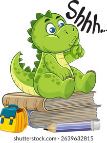 Adorable green dinosaur sitting on stacked books with a backpack and pencil, in a playful cartoon style