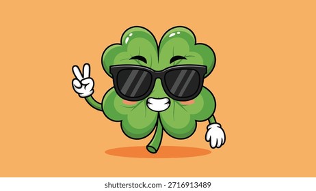Adorable personaje de dibujos animados de trébol verde de cuatro hojas con una cara feliz, con gafas de sol negras frescas y mostrando un signo de paz.