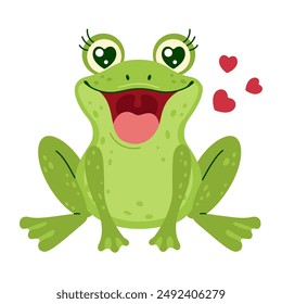 An adorable green frog with heart-shaped eyes and red hearts around it. Hand drawn trendy flat style isolated on a white background. Love and affection concept vector illustration