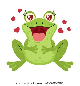 An adorable green frog with heart-shaped eyes and red hearts around it. Hand drawn trendy flat style isolated on a white background. Love and affection concept vector illustration