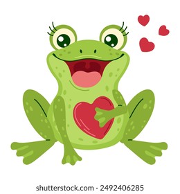 An adorable green frog holds Red heart in its paws and small red hearts around it. Hand drawn trendy flat style isolated on a white background. Love and affection concept vector illustration