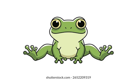 Adorável Sapo Verde Sits com Pernas Espalhadas Largo Aberto em um Estilo de Desenho Animado Divertido