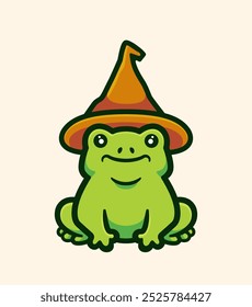 Adorable Green Frog with a Witch Hat Cartoon Vector Illustration