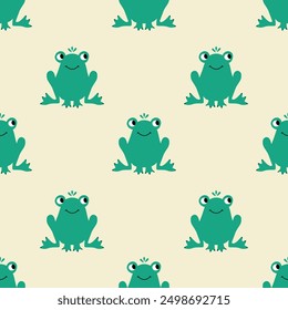 Adorable green frogs hand drawn vector illustration. Funny animal character seamless pattern for kids fabric or wallpaper.