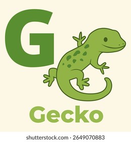 Adorável lagartixa verde ao lado da letra G. Perfeito para cartões ABC, cartazes de aprendizagem pré-escolar, livros de alfabeto das crianças, e imprimíveis educacionais. Estilo de desenho animado de vetor plano.