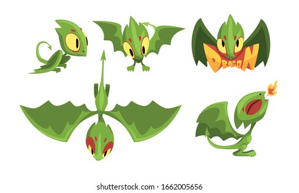 Adorable Green Little Dragons Collection, Funny Fantasy Creatures Cartoon Character Vector Illustration