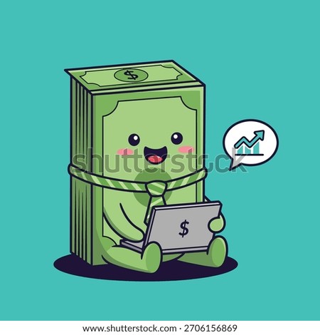 Adorable green money stack character wearing a tie, sitting and working on a laptop with a dollar sign and growth chart icon.