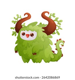 Adorable green monster with fluffy fur, big brown horns decorated with leaves, a spiky tail, and a sweet expression. Perfect for kids designs and fantasy themes.
